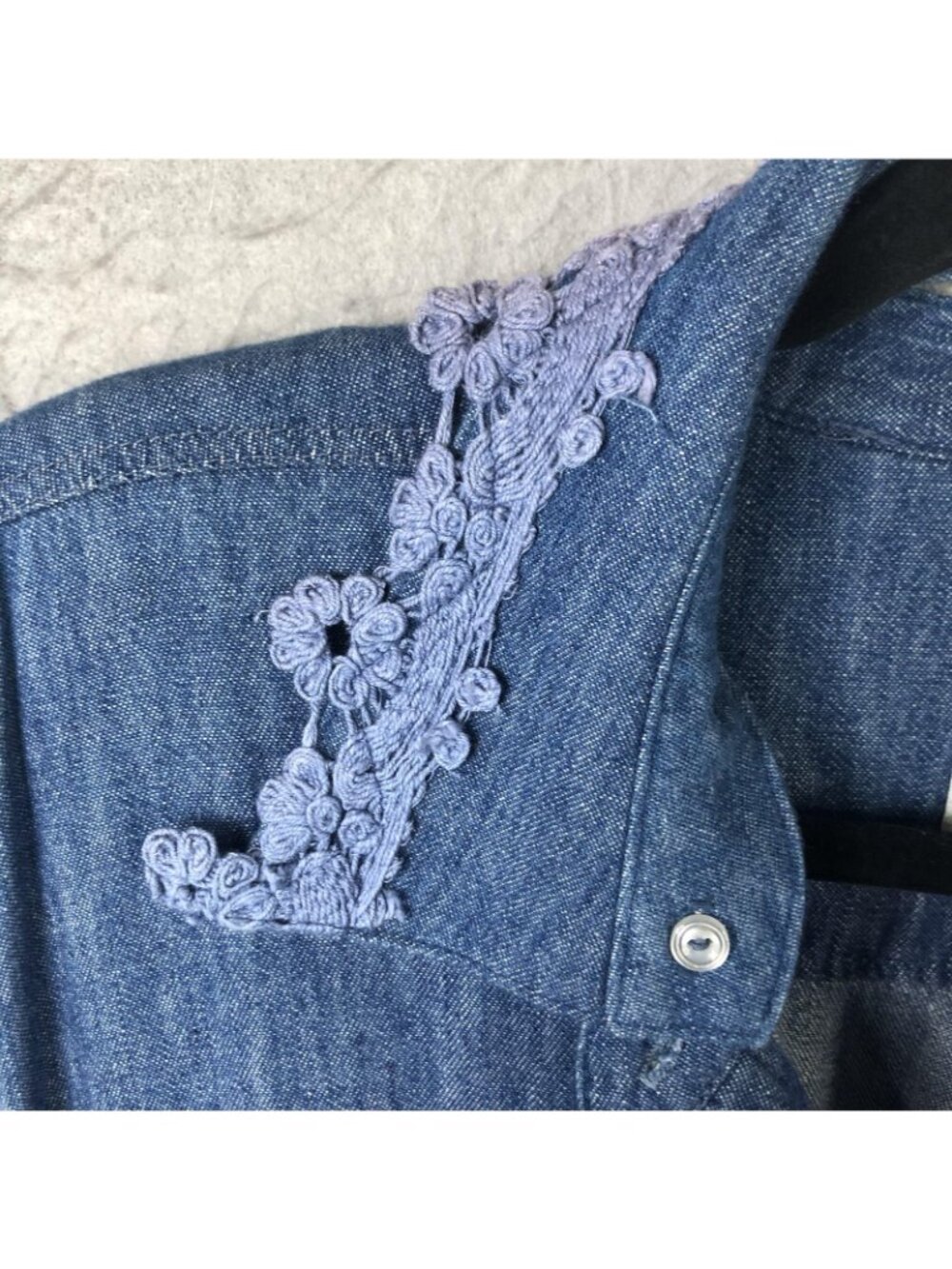 Western Denim Dress Womens L Blue Maxi Crochet Collar Boho Farmhouse Modest - Picture 9 of 16